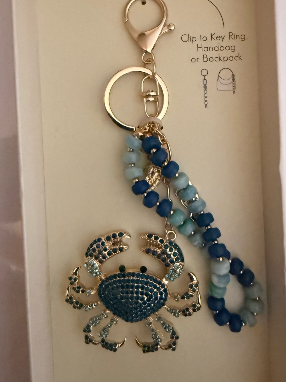 nOir  Gold-Tone Blue Crystal Crab Key holder bag charm with Beaded Strap